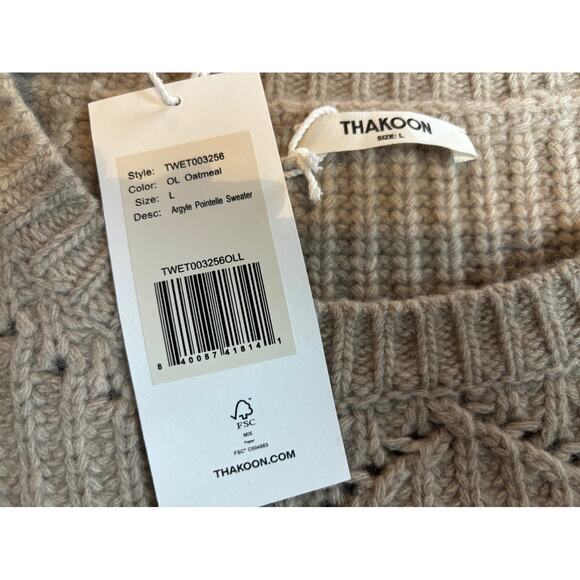 NWT Thakoon 100% Merino Wool Sweater Argyle Pointelle Oversized Oatmeal L $260 - Picture 10 of 10